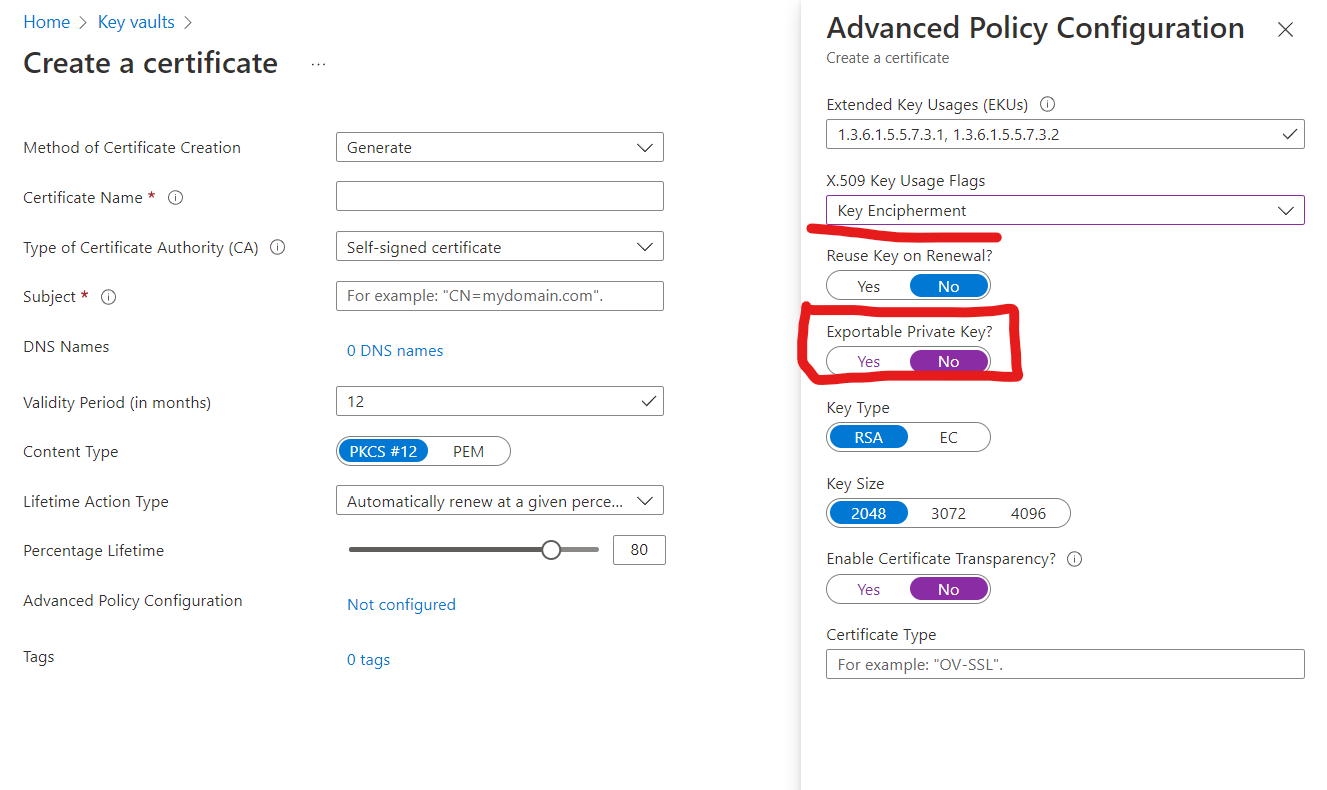 Key vault generate not exportable certificate